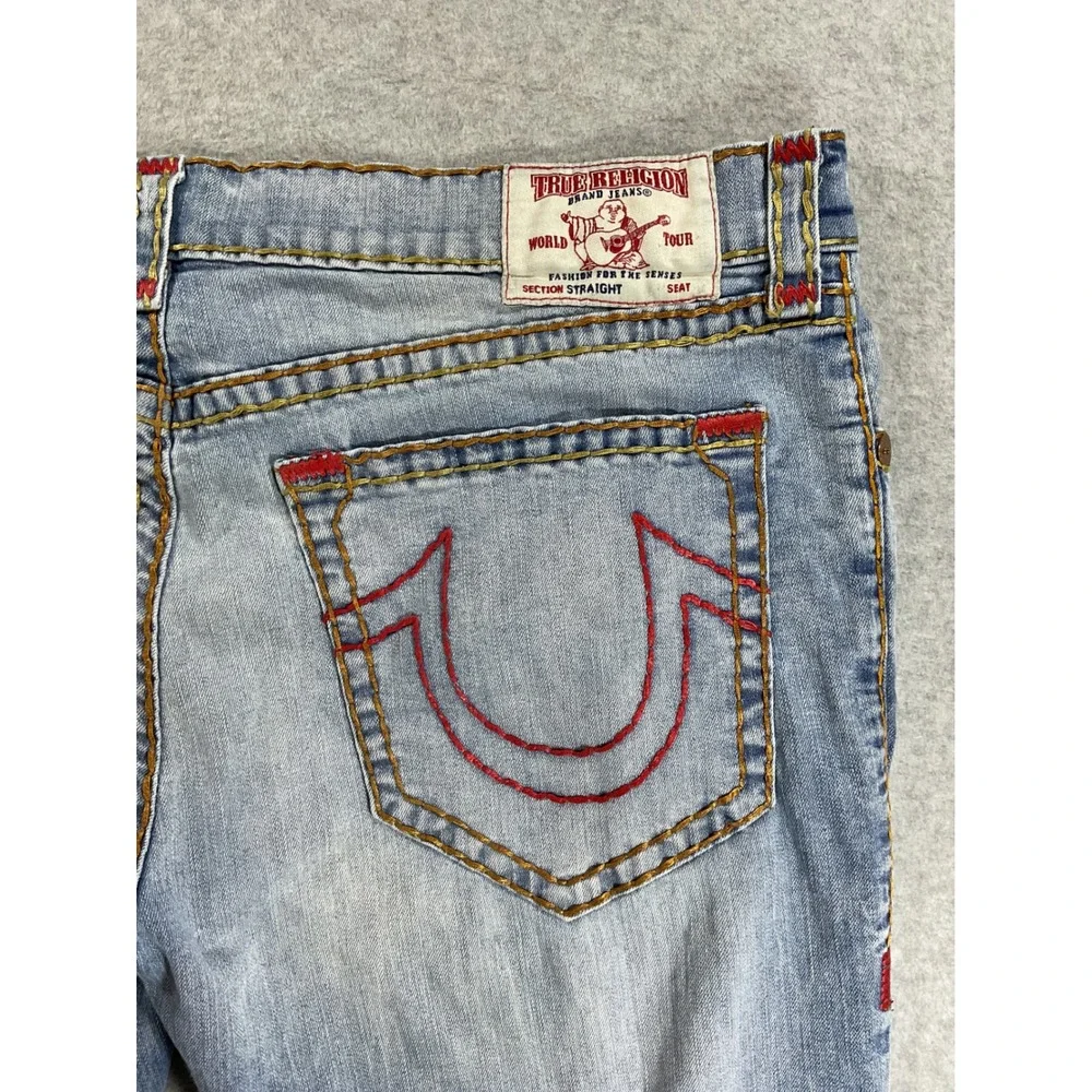 True Religion Section Straight Jeans Mens 40 Light Wash Red Stitch 1768